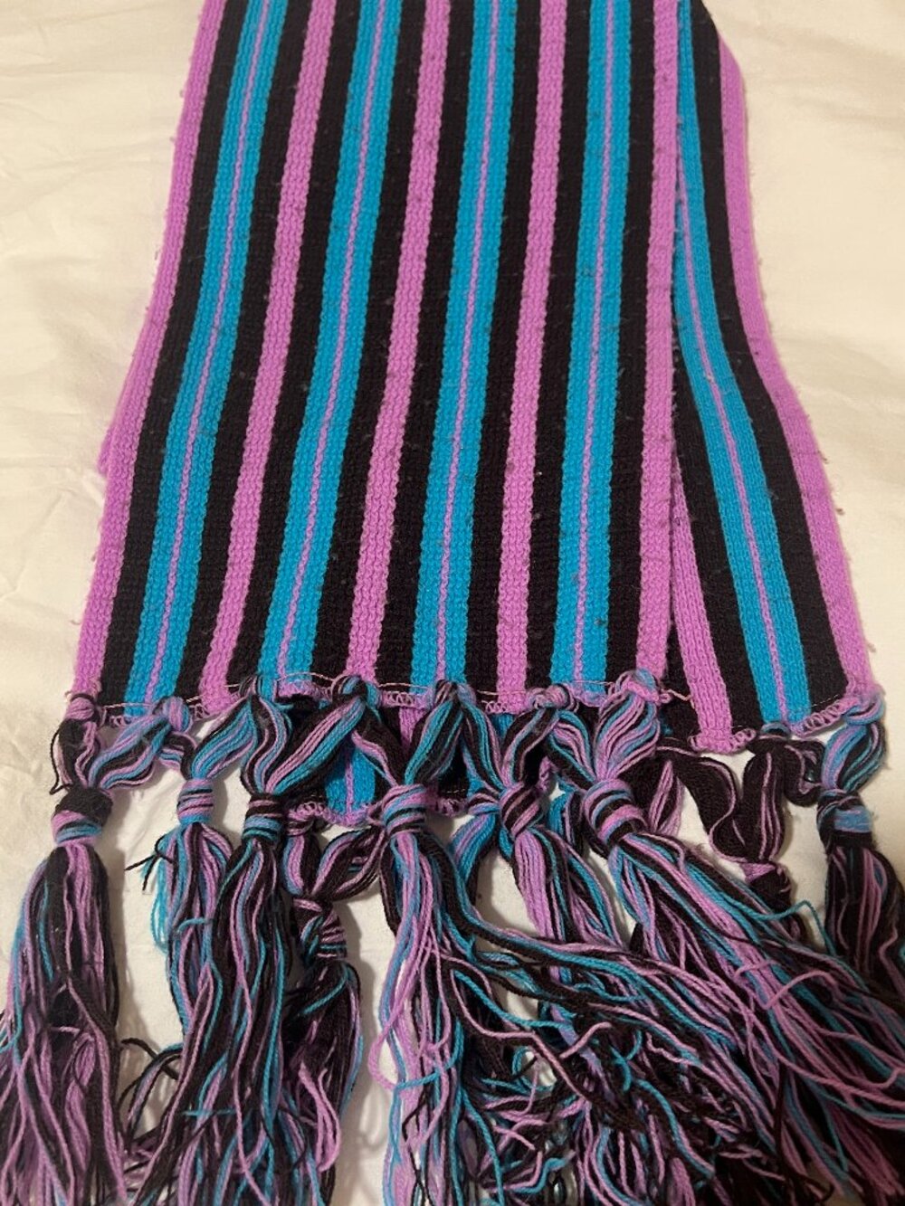 Vintage Made in Japan Striped Scarf Purple Turquoise Black Fringe Acrylic 54"